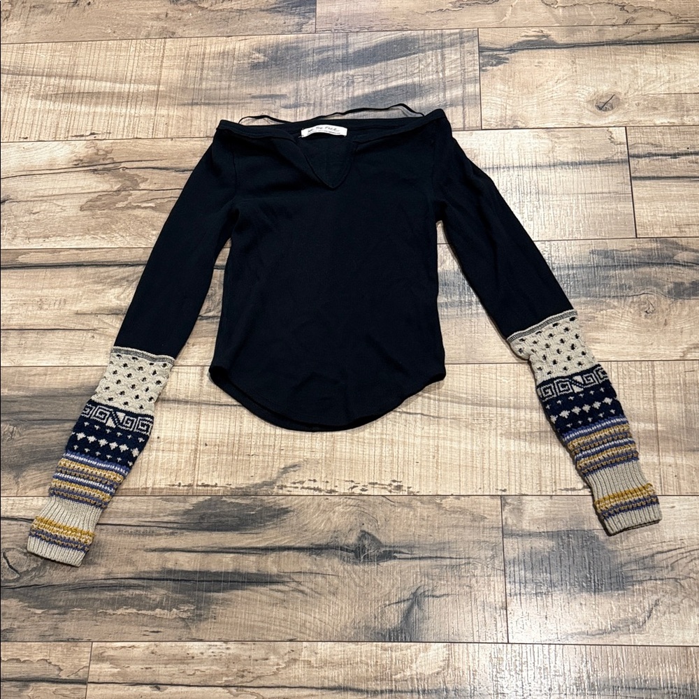 We The Free Black Top with Patterned Sleeves